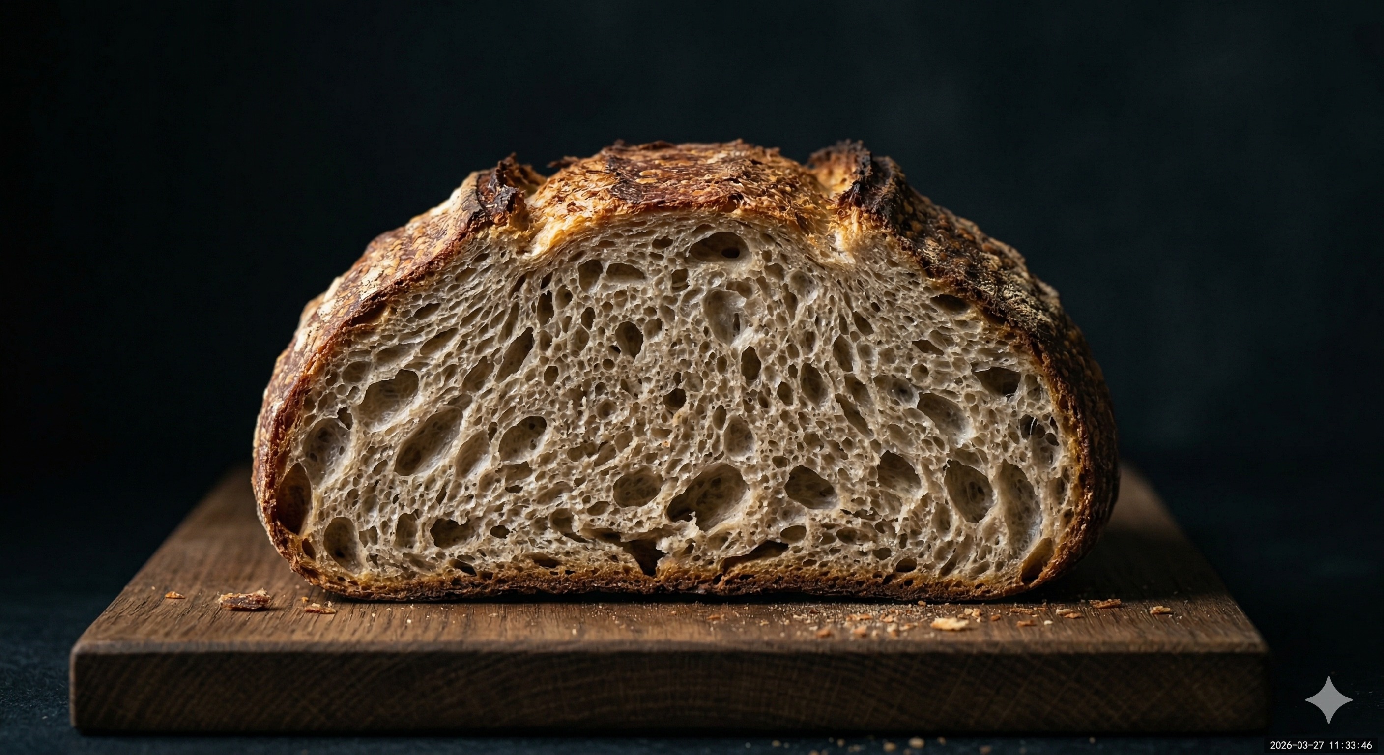A perfectly baked sourdough loaf with a deep scored crust and caramelized color