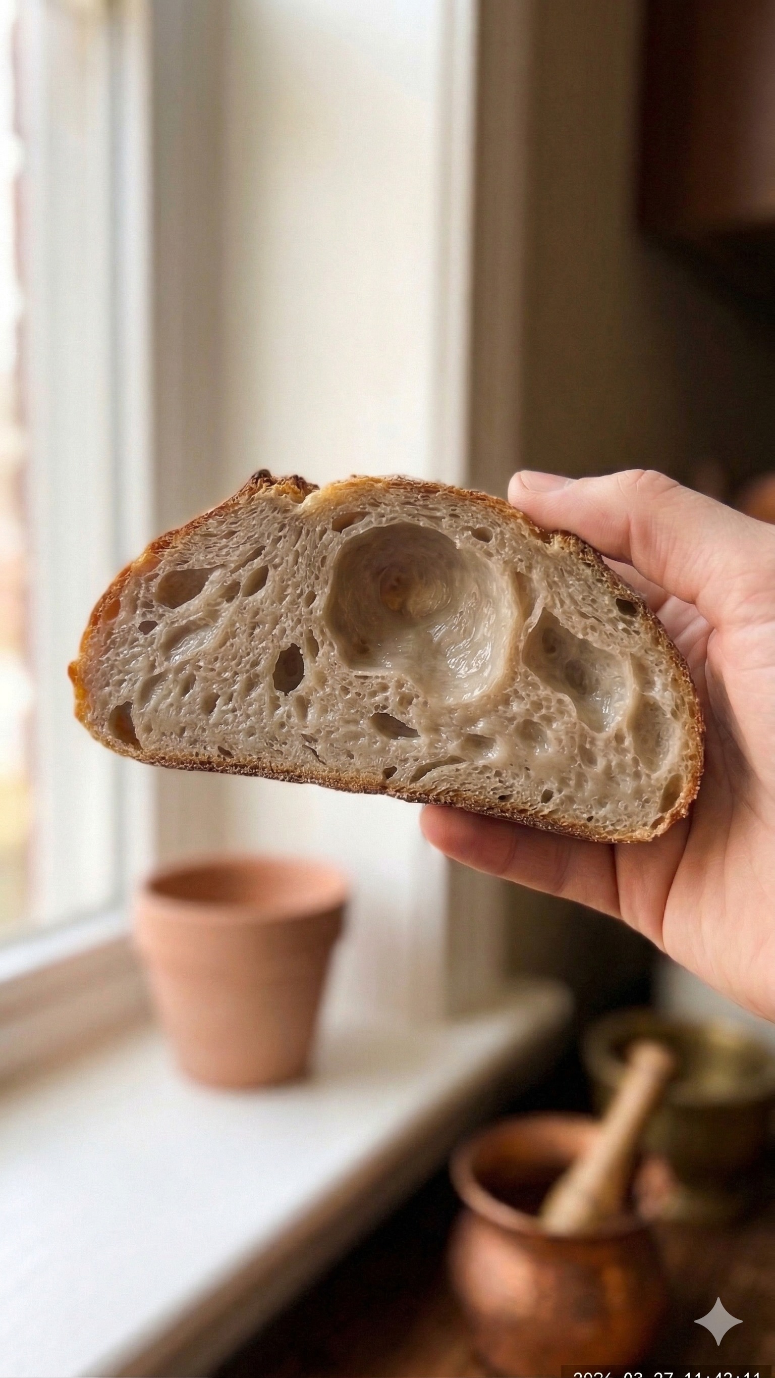 A sliced sourdough loaf showing a perfect open, non-gummy crumb structure