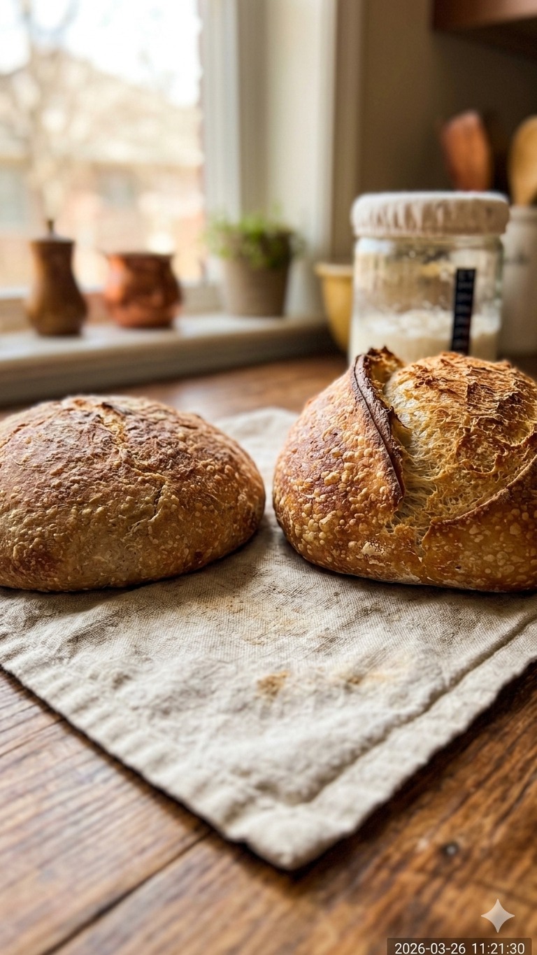 A flat dense sourdough loaf next to a well-risen airy loaf for comparison