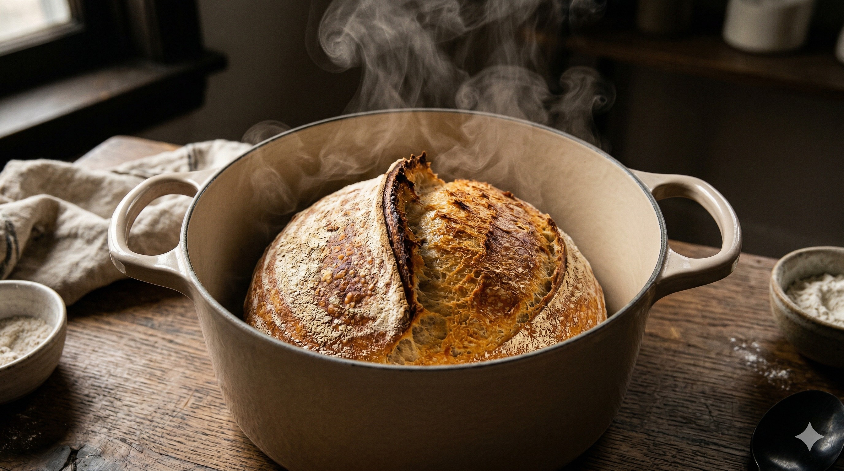 Sourdough loaf baking inside a Dutch oven with steam rising
