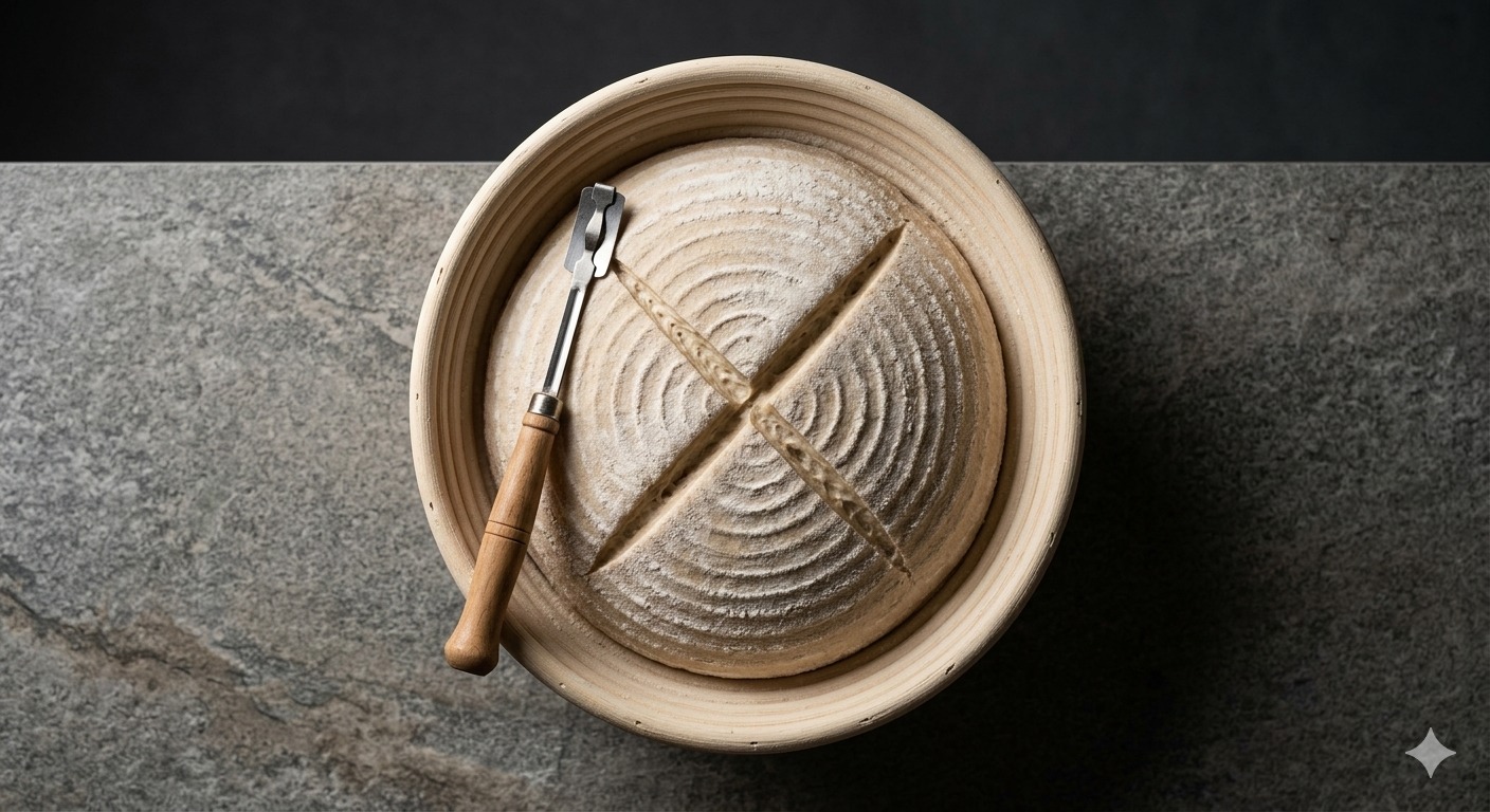 A hand holding a lame scoring an intricate pattern on a round sourdough loaf