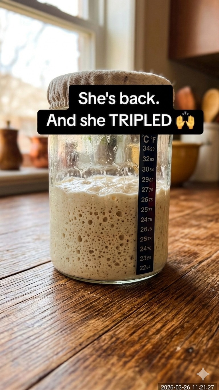 A jar of bubbly active sourdough starter next to a fresh jar of flour