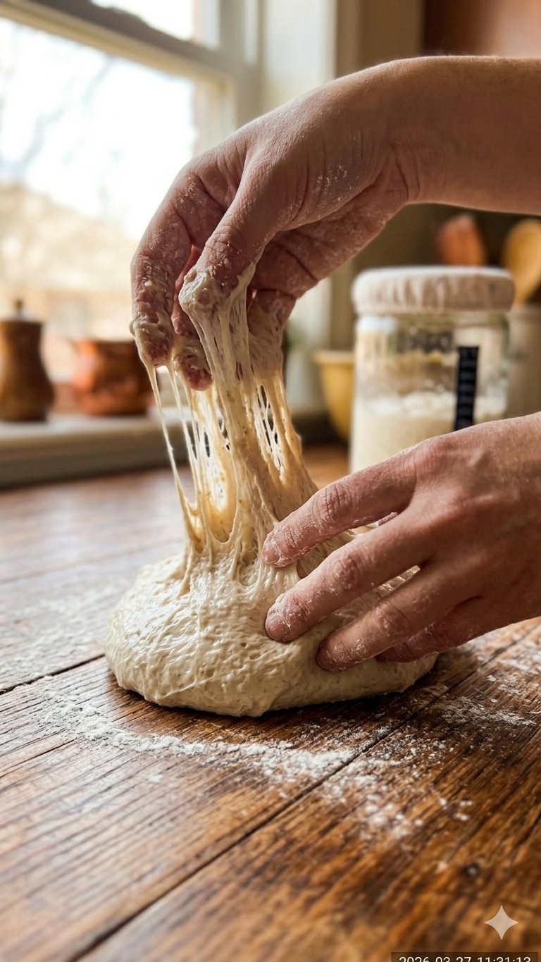 Hands working with wet high-hydration sourdough dough on a clean counter