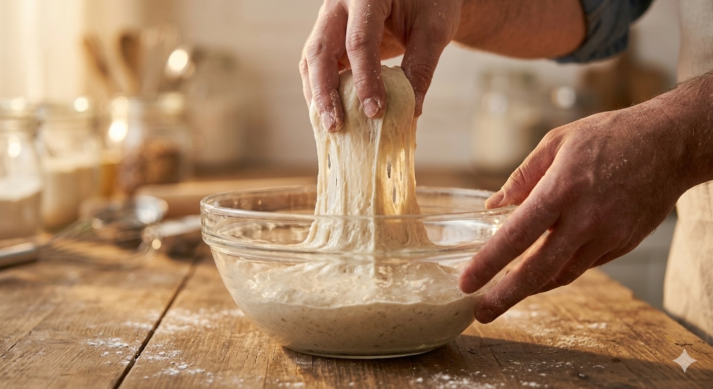 Hands performing the stretch and fold technique on wet dough
