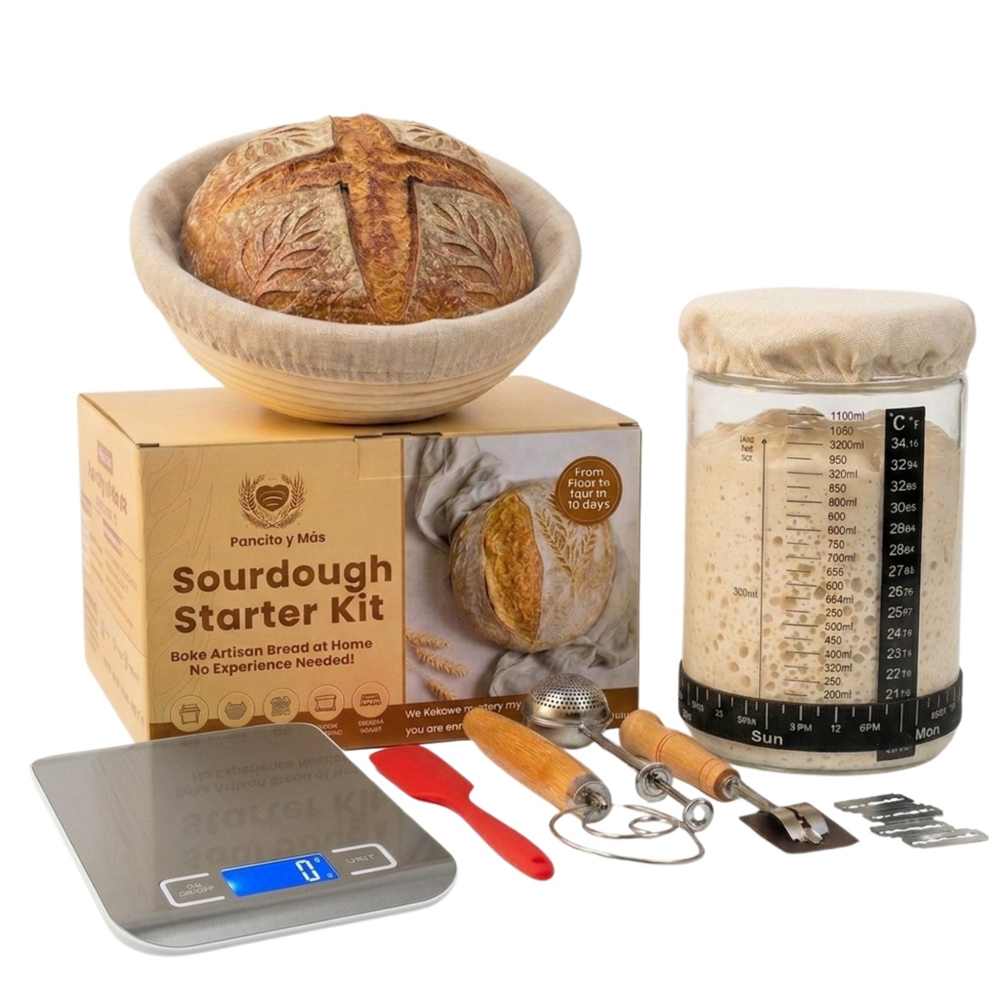 Pancito y Más Sourdough Starter Kit with banneton, jar, scale and tools